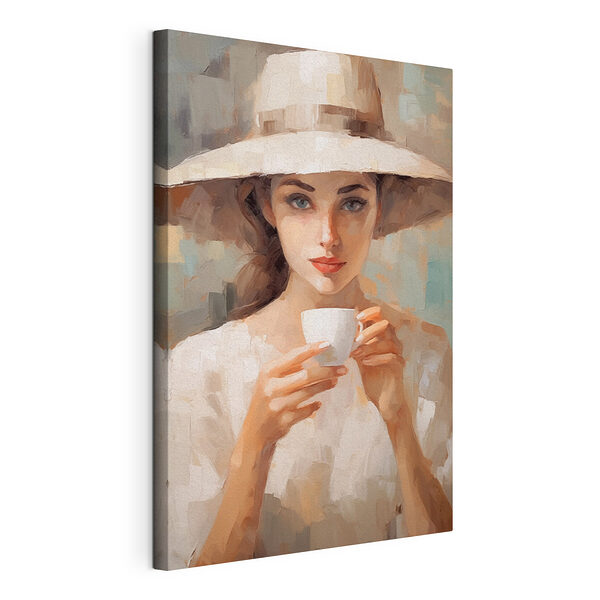 Vrouw met hoed die een beker vasthoudt Canvas Schilderijen Vrouw met hoed die een beker vasthoudt