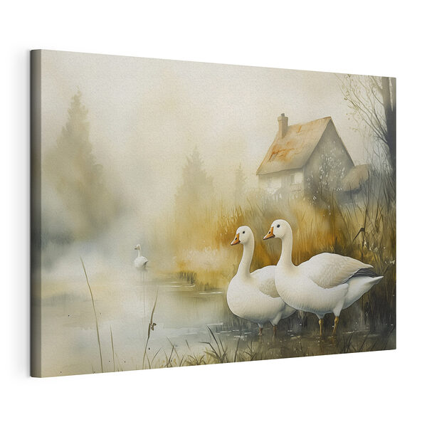 Aquarel van ganzen in een vijver Canvas Schilderijen Aquarel van ganzen in een vijver