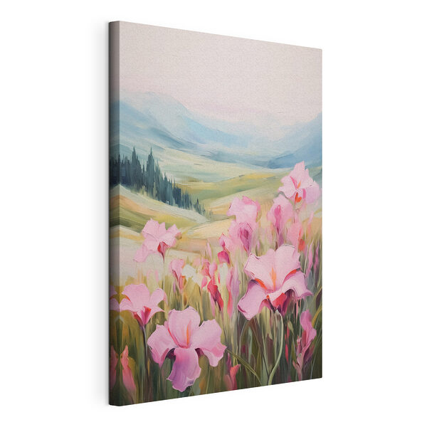 Schilderij van roze bloemen in een veld Canvas Schilderijen Schilderij van roze bloemen in een veld