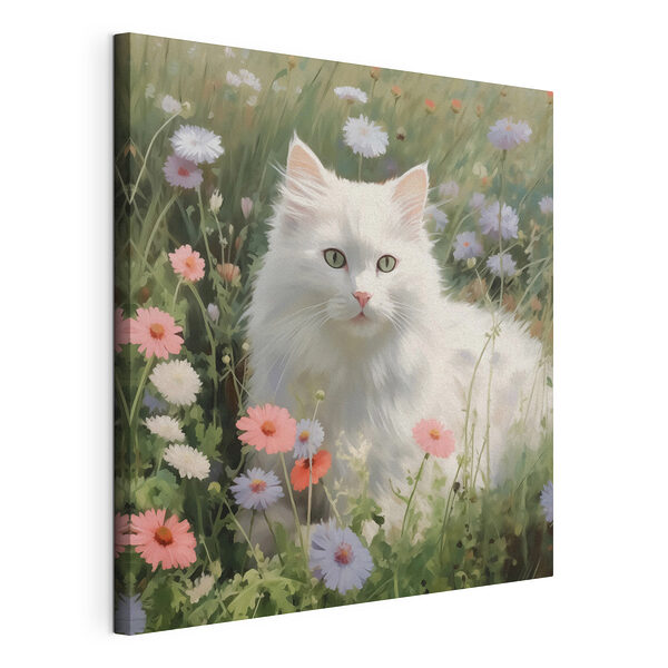 Witte kat in een bloemenveld Canvas Schilderijen Witte kat in een bloemenveld