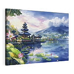 Canvas Schilderijen Aquarelverfschilderij van een meer met een pagode en leliebladzijden