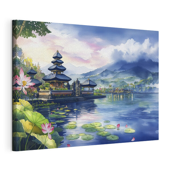 Canvas Schilderijen Aquarelverfschilderij van een meer met een pagode en leliebladzijden