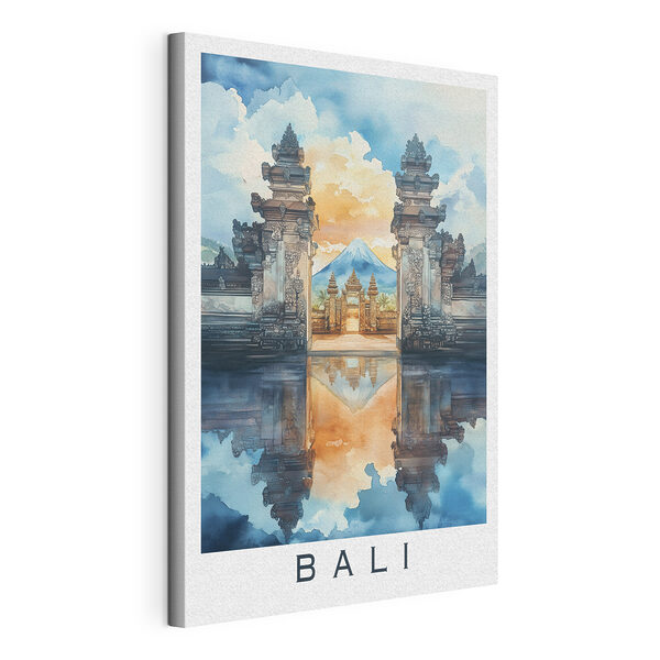 Canvas Schilderijen Aquarel van een tempel met een berg op de achtergrond
