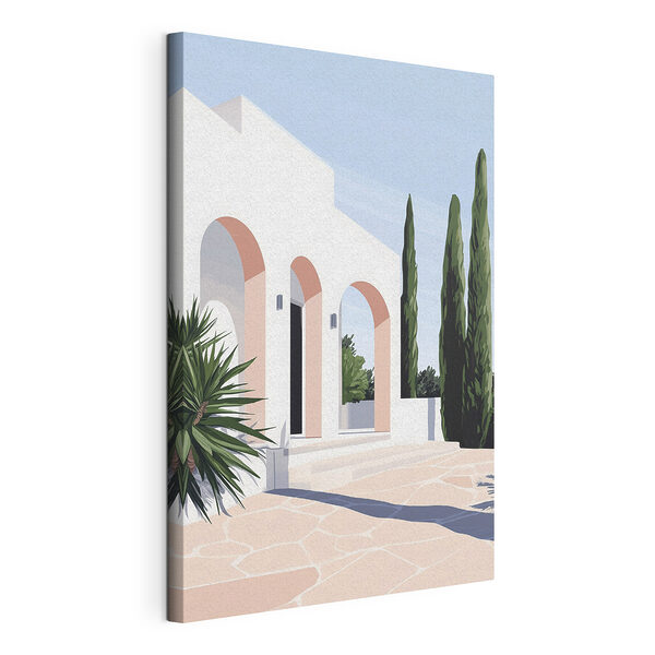 Canvas Schilderijen Wit gebouw met roze bogen en bomen