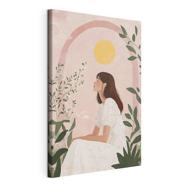 Zittende vrouw in een witte jurk Canvas Schilderijen Zittende vrouw in een witte jurk