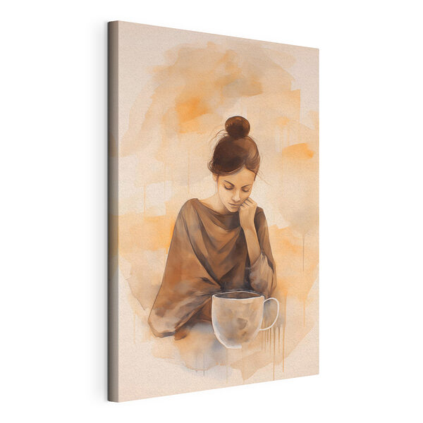Vrouw met haar hand op haar gezicht kijkt neer op een kop koffie Canvas Schilderijen Vrouw met haar hand op haar gezicht kijkt neer op een kop koffie