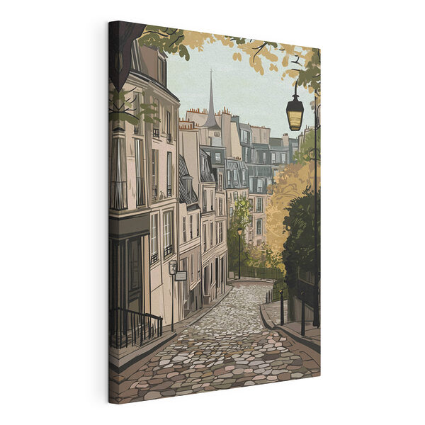 Canvas Schilderijen Straat met gebouwen en een lantaarnpaal