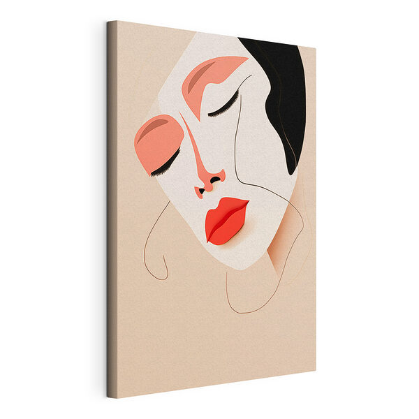 Vrouw met rode lippen en zwarte vlekken op haar gezicht Canvas Schilderijen Vrouw met rode lippen en zwarte vlekken op haar gezicht