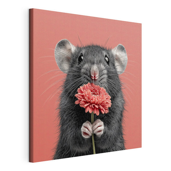 Muis die een bloem vasthoudt Canvas Schilderijen Muis die een bloem vasthoudt