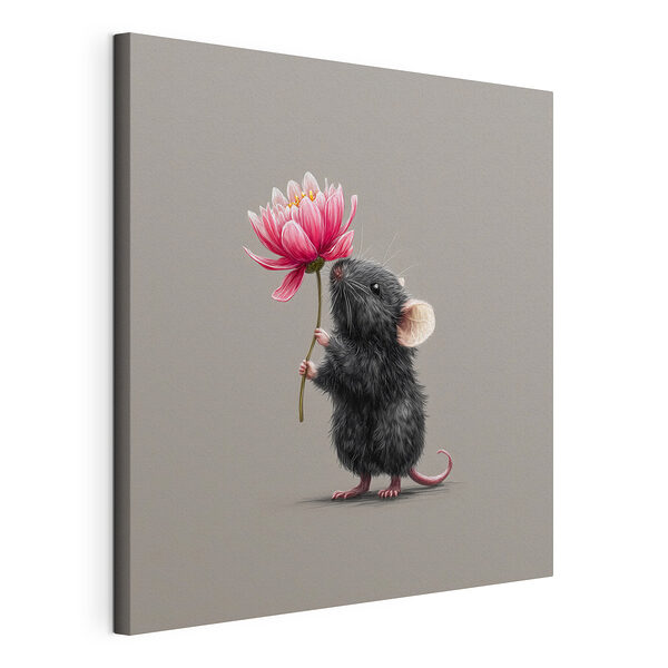 Canvas Schilderijen Muis die een bloem vasthoudt