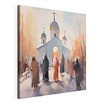Canvas Schilderijen Groep mensen loopt voor een kerk