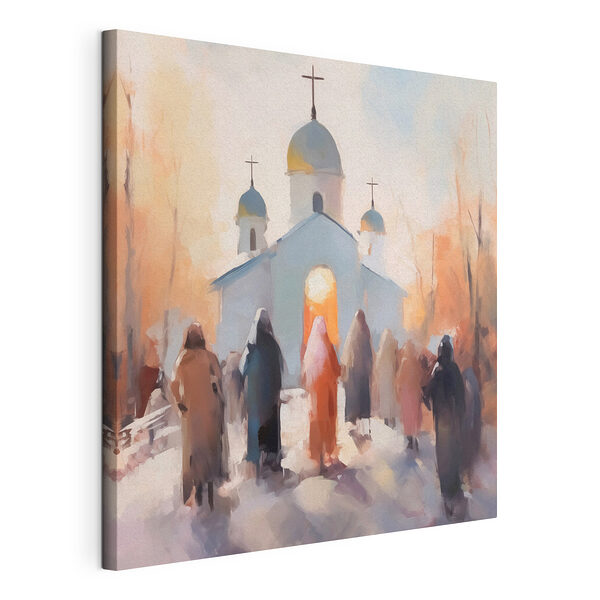 Groep mensen loopt voor een kerk Canvas Schilderijen Groep mensen loopt voor een kerk