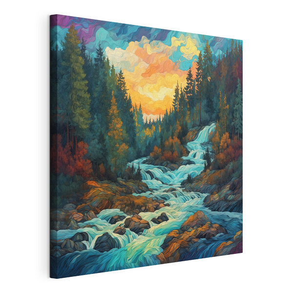 Canvas Schilderijen Schilderij van een rivier die door een bos stroomt