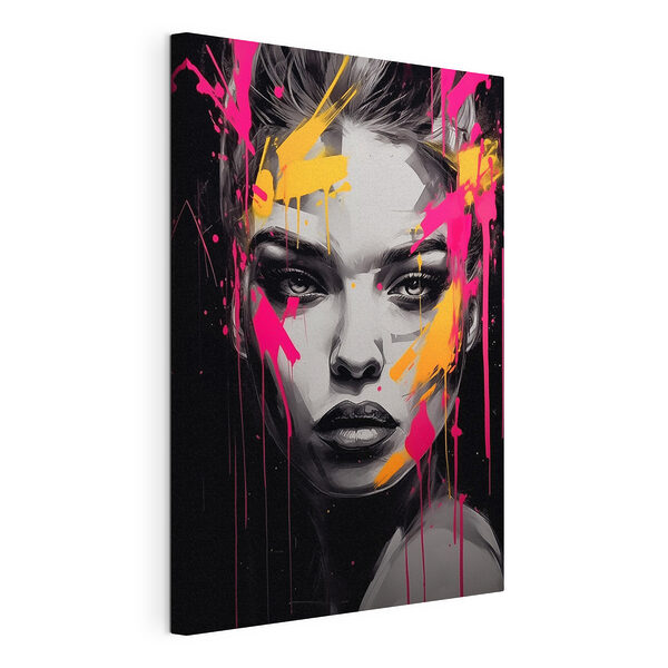 Canvas Schilderijen Schilderij van een vrouw met roze en gele verf op haar gezicht