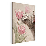 Canvas Schilderijen Kat die aan bloemen ruikt