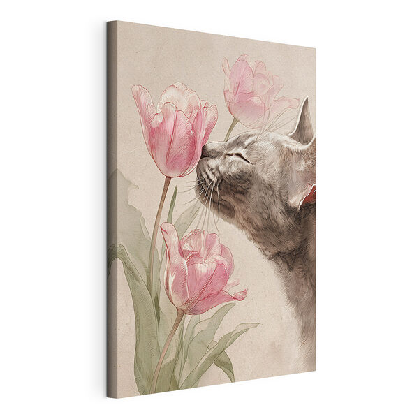Canvas Schilderijen Kat die aan bloemen ruikt