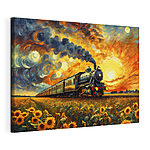 Canvas Schilderijen Trein op de rails met zonnebloemen en rook die uit de locomotief komt