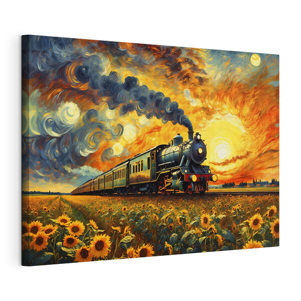 Trein op de rails met zonnebloemen en rook die uit de locomotief komt Canvas Schilderijen Trein op de rails met zonnebloemen en rook die uit de locomotief komt