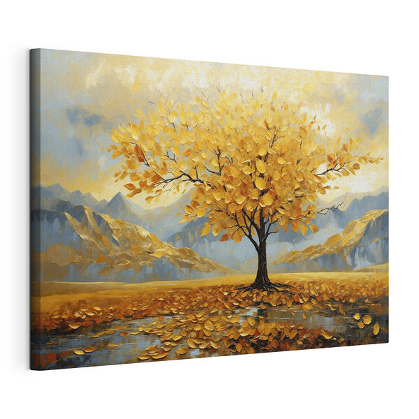 Canvas Schilderijen Boom met gele bladeren in een veld