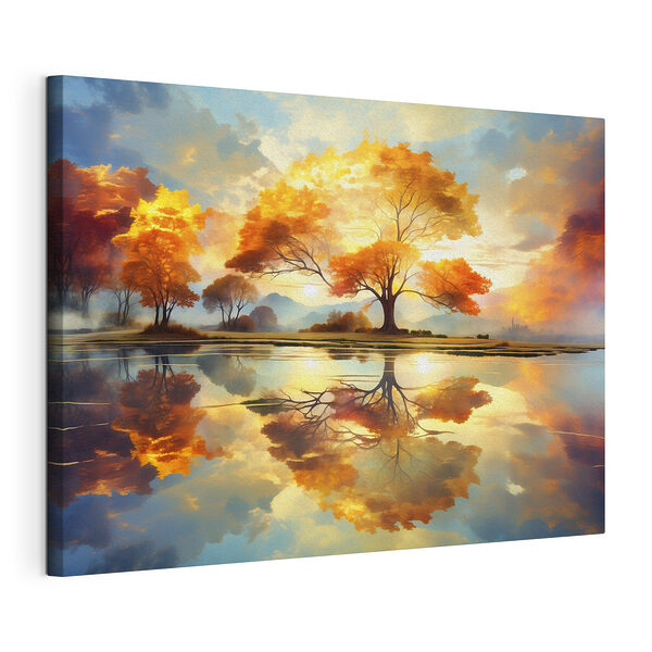 Boom met gele bladeren op de grond en een waterpartij Canvas Schilderijen Boom met gele bladeren op de grond en een waterpartij
