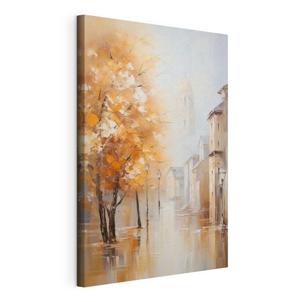 Canvas Schilderijen Schilderij van een straat met bomen en gebouwen op de achtergrond
