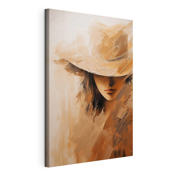 Schilderij van het gezicht van een vrouw met een hoed Canvas Schilderijen Schilderij van het gezicht van een vrouw met een hoed