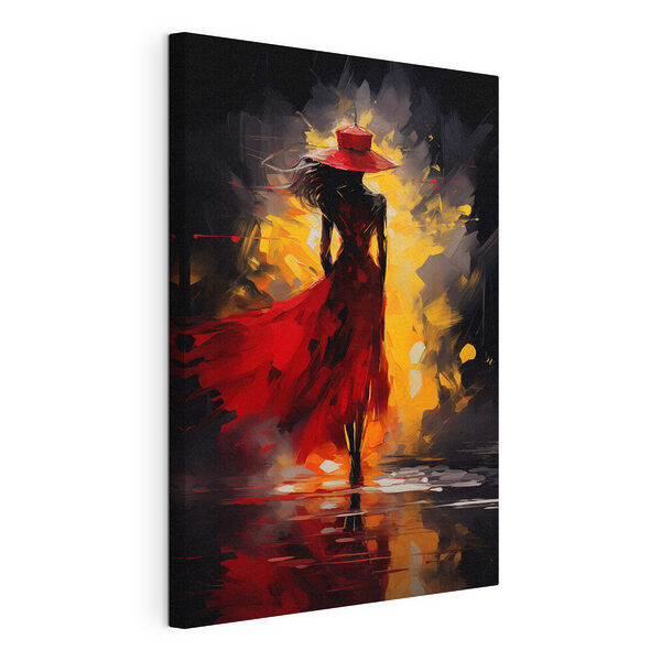 Schilderij van een vrouw in een rode jurk en hoed Canvas Schilderijen Schilderij van een vrouw in een rode jurk en hoed