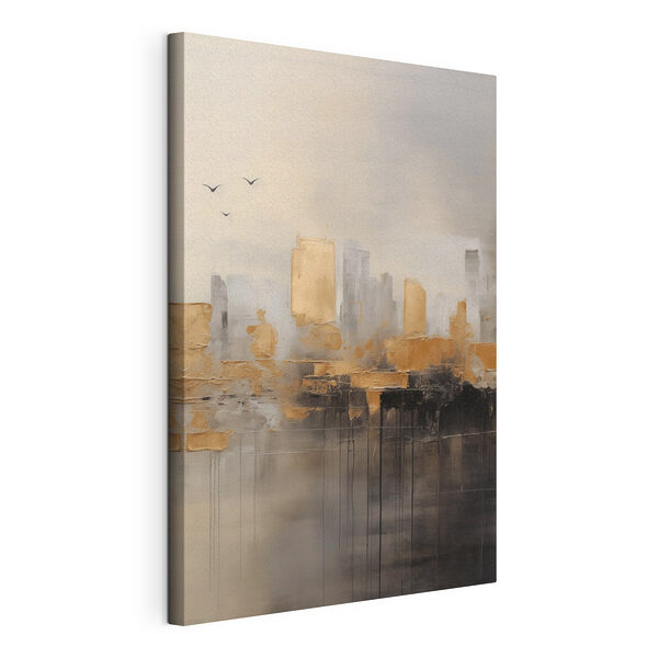 Schilderij van een stad met vogels die in de lucht vliegen Canvas Schilderijen Schilderij van een stad met vogels die in de lucht vliegen