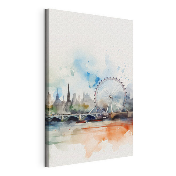 Aquarel van een stad met een reuzenrad en een brug Canvas Schilderijen Aquarel van een stad met een reuzenrad en een brug
