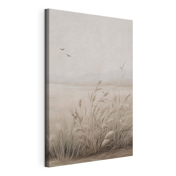 Canvas Schilderijen Schilderij van een grasveld en vogels die in de lucht vliegen