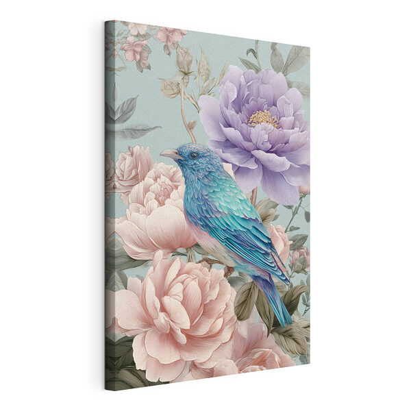 Een blauwe vogel die op een bloem zit Canvas Schilderijen Een blauwe vogel die op een bloem zit