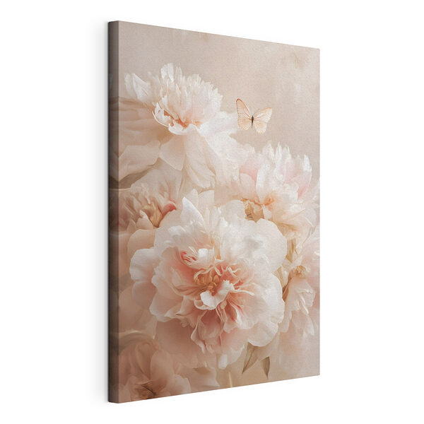 Een vlinder die over een groep witte bloemen vliegt Canvas Schilderijen Een vlinder die over een groep witte bloemen vliegt