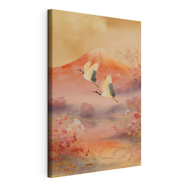 Canvas Schilderijen Schilderij van vogels die over een berg vliegen