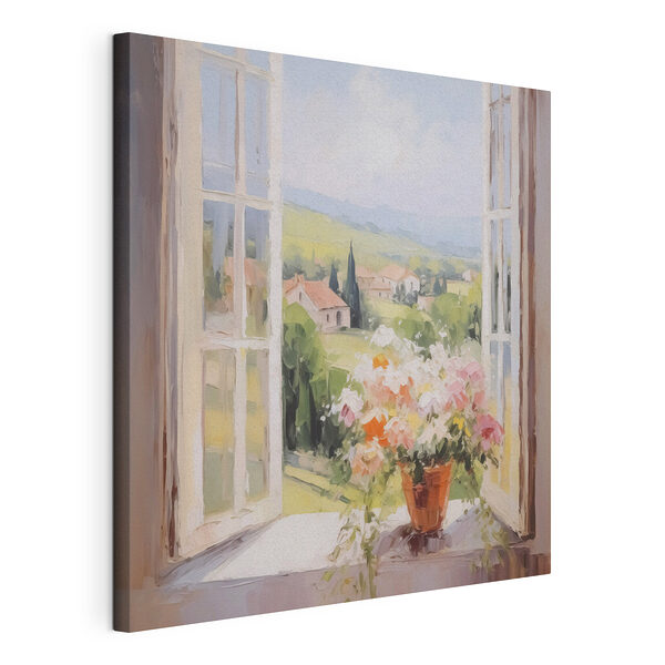 Canvas Schilderijen Schilderij van een raam met bloemen erin