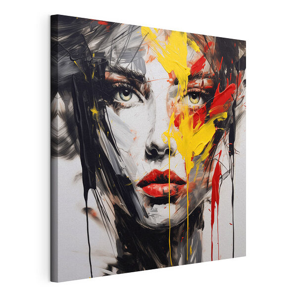 Canvas Schilderijen Schilderij van het gezicht van een vrouw, geschilderd met rode, gele en zwarte verf