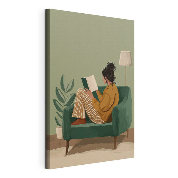 Canvas Schilderijen Vrouw die in een stoel een boek leest