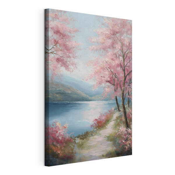 Canvas Schilderijen Schilderij van een meer met roze bomen en bergen