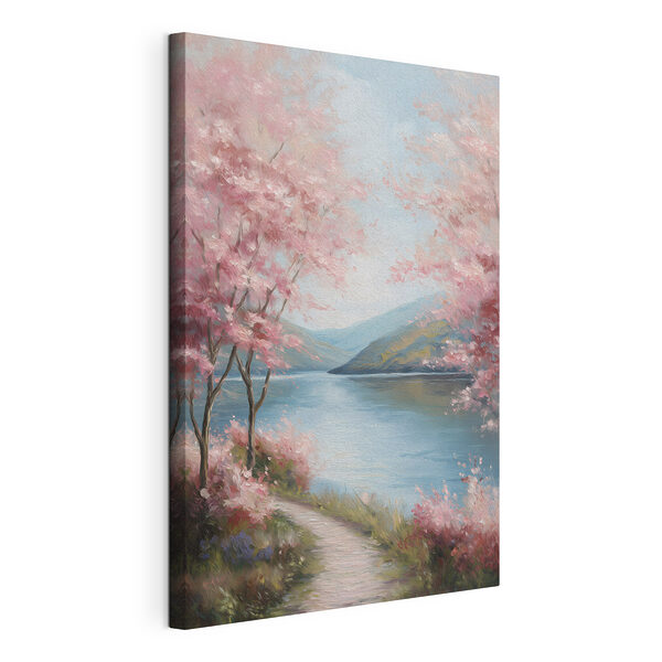 Canvas Schilderijen Schilderij van een meer met roze bloemen