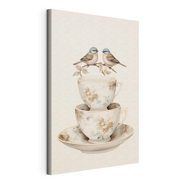 Canvas Schilderijen Twee vogels op een theekopje