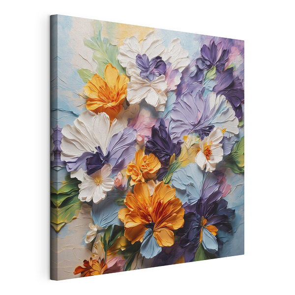 Canvas Schilderijen Schilderij van bloemen op een blauwe achtergrond