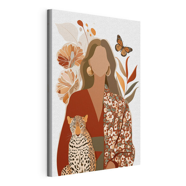Vrouw met een luipaard en vlinders Canvas Schilderijen Vrouw met een luipaard en vlinders
