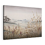 Canvas Schilderijen Schilderij van een landschap met gras en bloemen