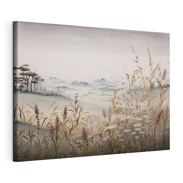 Canvas Schilderijen Schilderij van een landschap met gras en bloemen