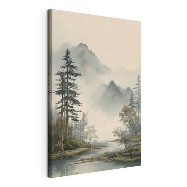 Landschap met een rivier, bomen en bergen Canvas Schilderijen Landschap met een rivier, bomen en bergen