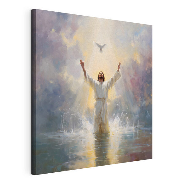 Canvas Schilderijen Man in een wit gewaad die in het water staat met uitgestrekte armen