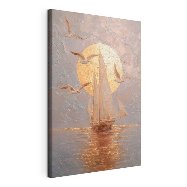 Canvas Schilderijen Schilderij van een zeilboot en vogels