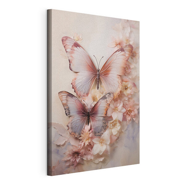 Canvas Schilderijen Vlinders op een muur met bloemen