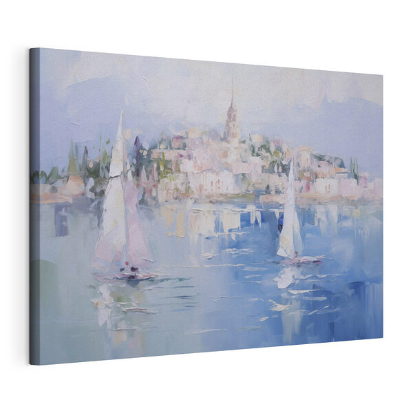 Canvas Schilderijen Schilderij van zeilboten op het water met een stad op de achtergrond