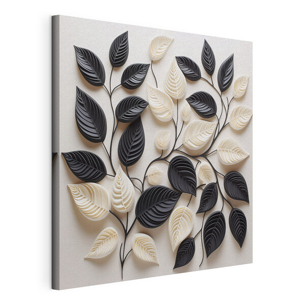 Zwarte en witte bladeren op een witte ondergrond Canvas Schilderijen Zwarte en witte bladeren op een witte ondergrond