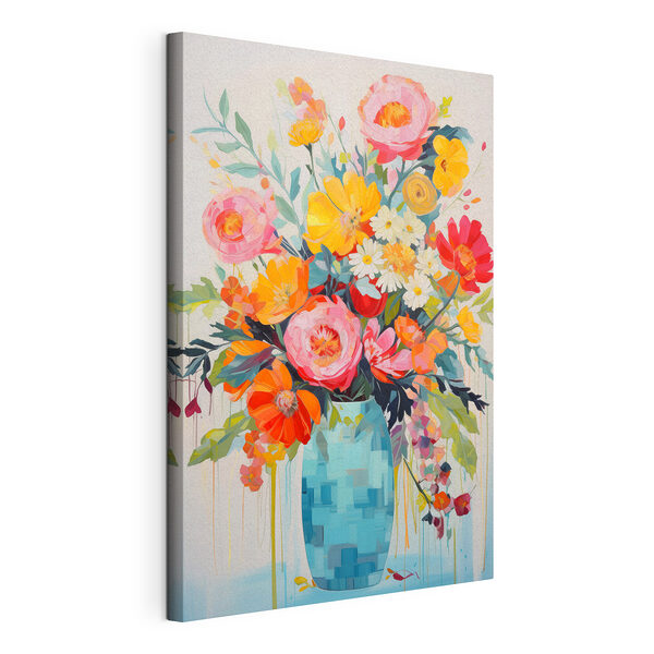 Canvas Schilderijen Schilderij van bloemen in een blauwe vaas